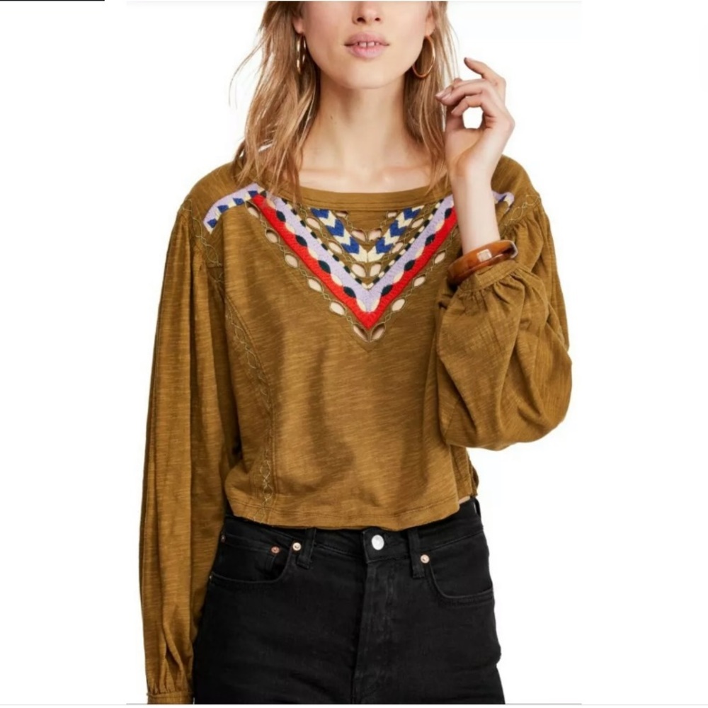 Free People Olive Embroidered Top